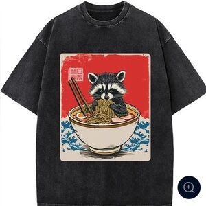 Black Graphic T-Shirt with Raccoon Design